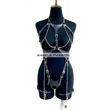 Deri Body Harness, Zincir Ve Kelepçeli Fantezi İç Giyim - Brf1098