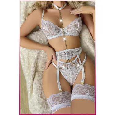 Ekru Göğüs Balenli Dantelli Zincir Detaylı Seksi Jartiyer Takım