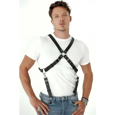 Göğüs Detaylı Arkadan Bağlamalı Erkek  Deri Harness - Brfm84
