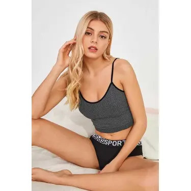 Kadın Anstrasit Gri İp Askılı Crop Top Bluz