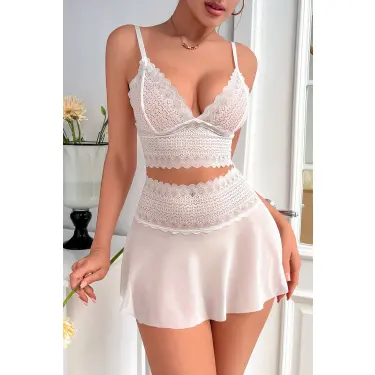 Kadın Beyaz Dantel ve Tül Detaylı Etekli Şık Gecelik Takımı