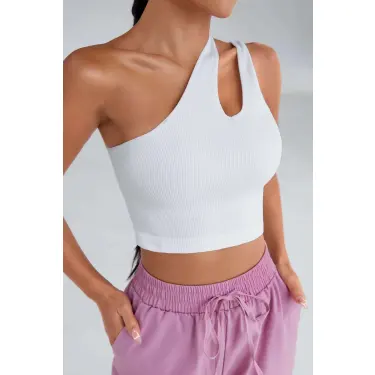 Kadın Beyaz Tek Omuz Cut Out Detaylı Crop Top Bluz