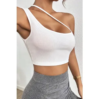 Kadın Beyaz Tek Omuzlu Çapraz Askılı Crop Top Büstiyer