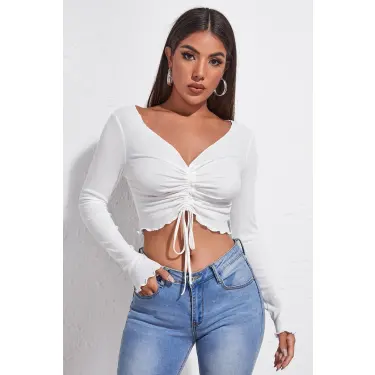 Kadın Beyaz Uzun Kollu Büzdürme Bağcık Detaylı Crop Top Bluz
