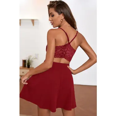 Kadın Bordo İp Askılı, Sırtı ve Göğsü Dantel Detaylı Şık Gecelik