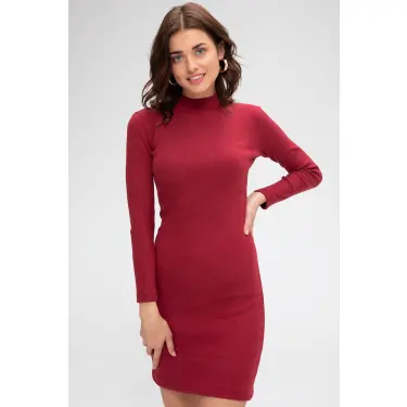 Kadın Bordo Kaşkorse Balıkçı Yaka Uzun Kollu Bodycon Mini Elbise