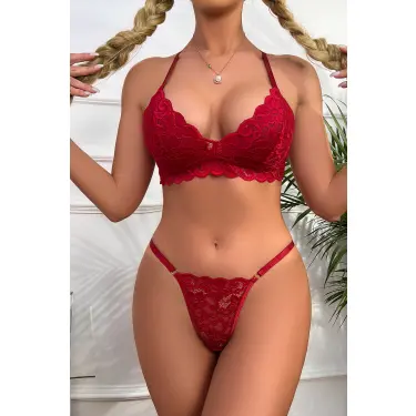 Kadın Bordo Sırtı Dantel ve İp Detaylı Şık Sütyen Külot Takımı
