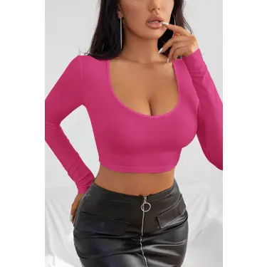 Kadın Fuşya Uzun Kol Kare Yaka Crop Top Bluz