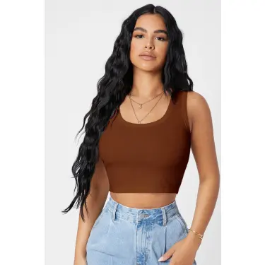 Kadın Kahverengi Kare Yaka Crop Top Bluz