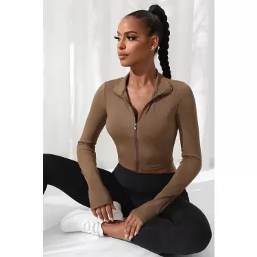 Kadın Kahverengi Uzun Kol Fermuarlı Parmak Geçme Detaylı Dik Yaka Crop Top Bluz