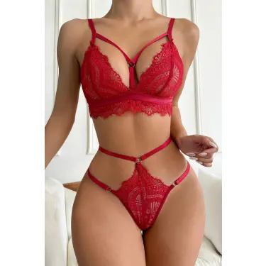 Kadın Kırmızı Cut-Out Büstiyerli Beli Çapraz Lastikli Külotlu Çamaşır Takımı