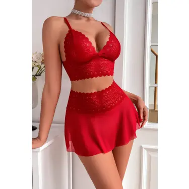 Kadın Kırmızı Dantel ve Tül Detaylı Etekli Şık Gecelik Takımı