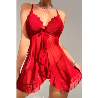 Kadın Kırmızı Dantelli, Fırfırlı Tül ve Fiyonk Detaylı Tangalı Gecelik Takımı
