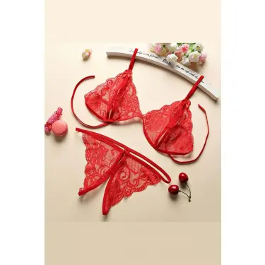 Kadın Kırmızı Dantelli Sütyen Külot Takımı