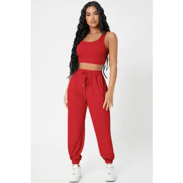 Kadın Kırmızı Kaşkorse Cepli Jogger Eşofman Altı ve Crop Top Bluz