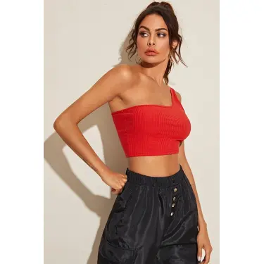 Kadın Kırmızı Tek Omuz Crop Büstiyer