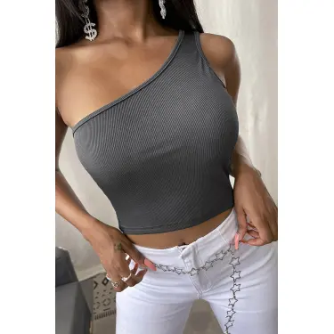 Kadın Koyu Gri Tek Omuz Crop Büstiyer