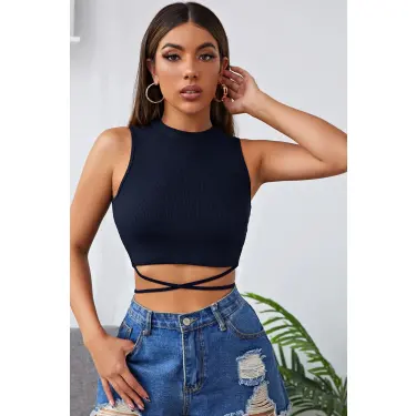 Kadın Lacivert Çapraz Bağlamalı Crop Top Büstiyer