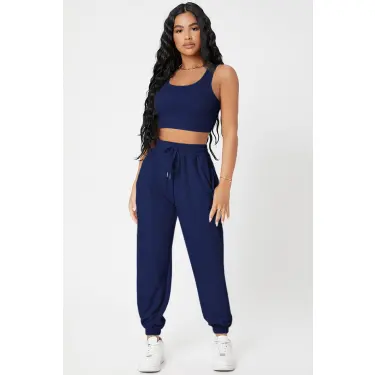 Kadın Lacivert Kaşkorse Cepli Jogger Eşofman Altı ve Crop Top Bluz