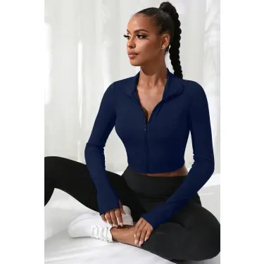 Kadın Lacivert Uzun Kol Fermuarlı Parmak Geçme Detaylı Dik Yaka Crop Top Bluz