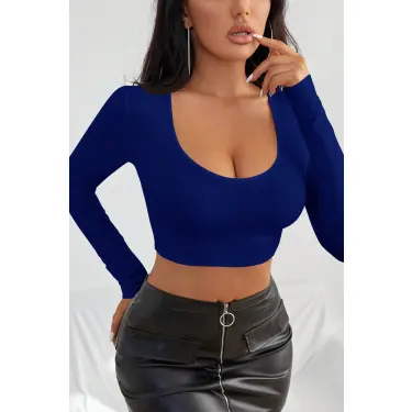 Kadın Mavi Uzun Kol Kare Yaka Crop Top Bluz