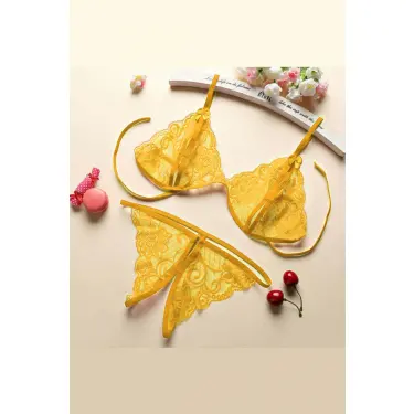 Kadın Sarı Dantelli Sütyen Külot Takımı