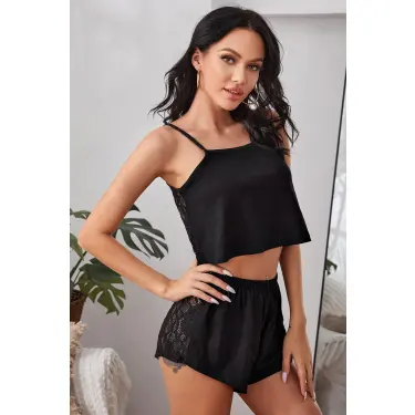 Kadın Siyah Arkası Komple Dantel Şortlu Gecelik Takım