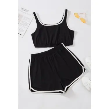 Kadın Siyah Askılı Crop Top ve Şortlu Gecelik Takım