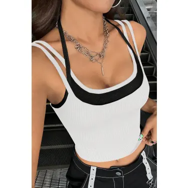 Kadın Siyah Beyaz Çift Renk Çapraz Askılı Crop Top Bluz
