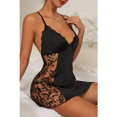 Kadın Siyah Çapraz Sırt Dekolteli Transparan Dantel Gecelik