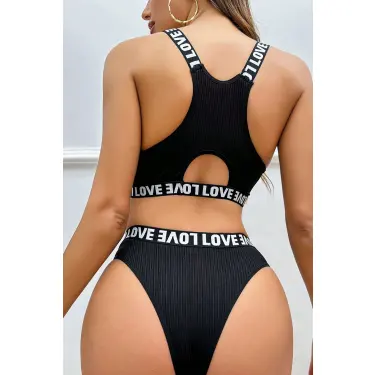 Kadın Siyah Çapraz Sırt ve Love Lastik Detaylı Sütyen Külot Takım