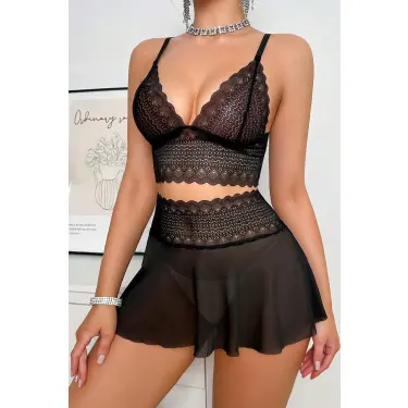 Kadın Siyah Dantel ve Tül Detaylı Etekli Şık Gecelik Takımı