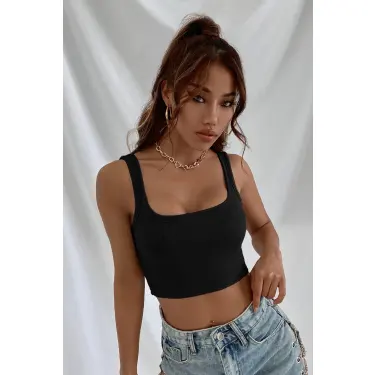 Kadın Siyah Kalın Askılı Crop Top Büstiyer