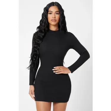 Kadın Siyah Kaşkorse Balıkçı Yaka Uzun Kollu Bodycon Mini Elbise