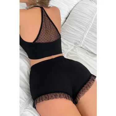 Kadın Siyah Kaşkorse Sırt ve Bacak Kısmı Puantiyeli Şortlu Gecelik Takım