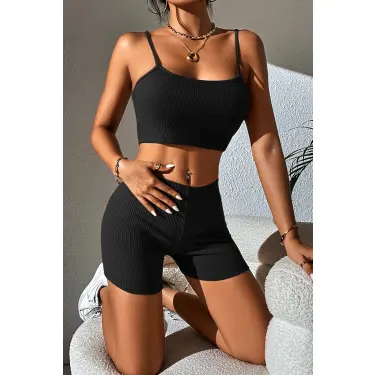 Kadın Siyah Şortlu Kaşkorse Gecelik Takım