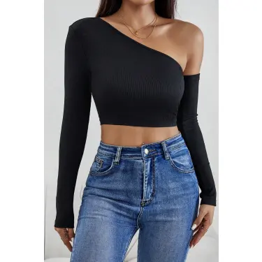 Kadın Siyah Tek Omuz Detaylı Uzun Kol Crop Top Bluz