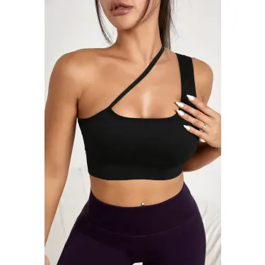 Kadın Siyah Tek Omuzlu Çapraz Askılı Crop Top Büstiyer