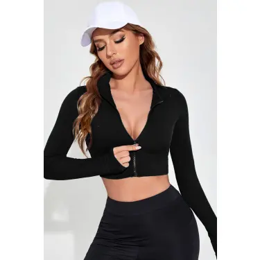 Kadın Siyah Uzun Kol Fermuarlı Parmak Geçme Detaylı Dik Yaka Crop Top Bluz