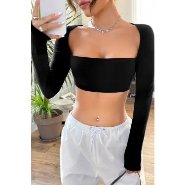 Kadın Siyah Uzun Kol Göğüs ve Sırt Dekolteli Crop Top Bluz
