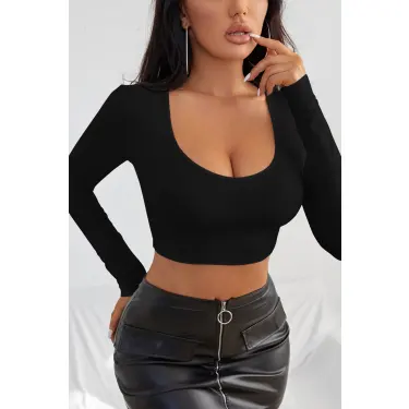 Kadın Siyah Uzun Kol Kare Yaka Crop Top Bluz