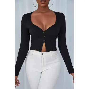 Kadın Siyah Uzun Kollu Düğmeli Göğüs ve Göbek Dekolteli Crop Top Bluz
