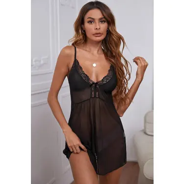 Kadın Siyah V Yaka Dantel Detaylı Tül Gecelik