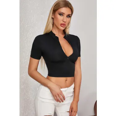 Kadın Siyah Yarım Fermuarlı ve Kısa Kollu Crop Top Bluz