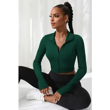 Kadın Yeşil Uzun Kol Fermuarlı Parmak Geçme Detaylı Dik Yaka Crop Top Bluz