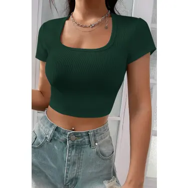 Kadın Yeşil Yarım Kol Düz Yaka Crop Top Bluz