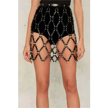 Kare Detaylı Şık Deri Harness Etek - Brf694