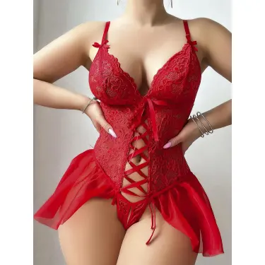 Kırmızı Dantel Detaylı Önü Dekolteli Fantezi Babydoll