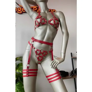 Kırmızı Deri Bdsm Fantazi Jartiyer Takım