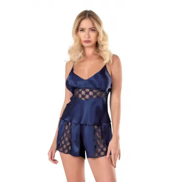 Lacivert Saten Babydoll Şort Takımı